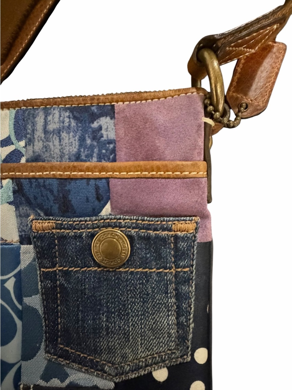 Coach Denim Patchwork Crossbody File Bag Floral Appli… - Gem